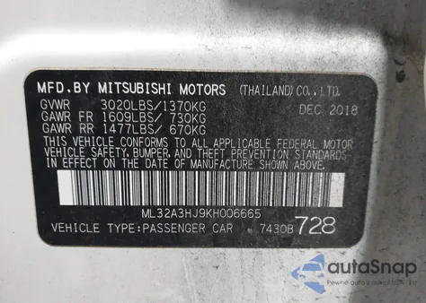 2019 Mitsubishi Mirage Es from USA, damaged, VIN ML32A3HJ9KH006665